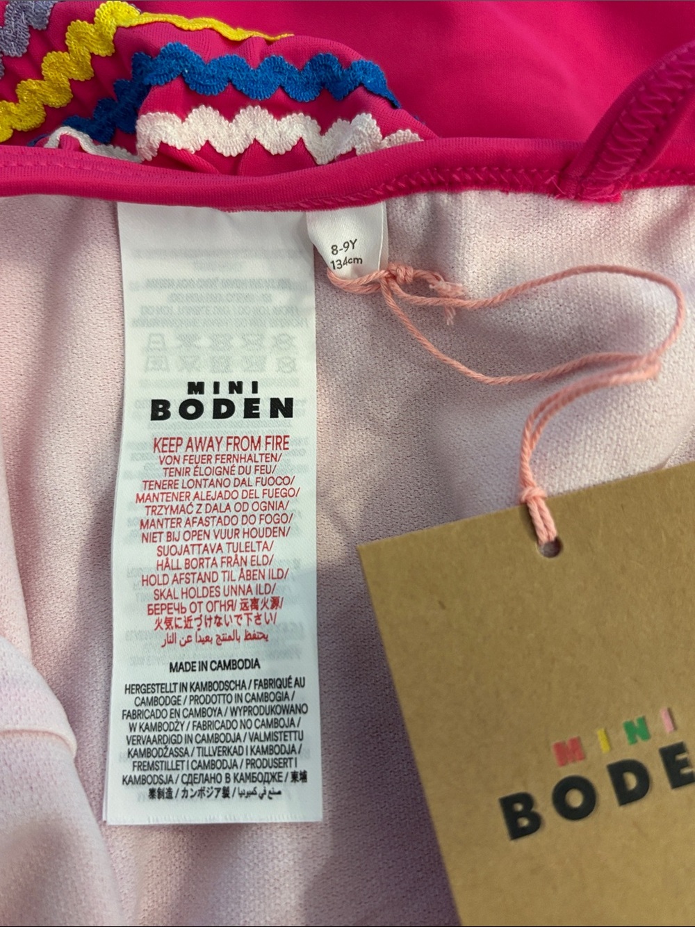 Mini Boden Girls One-Shoulder Pink One-Piece Swimsuit with Multicolor Trim - Picture 3 of 4